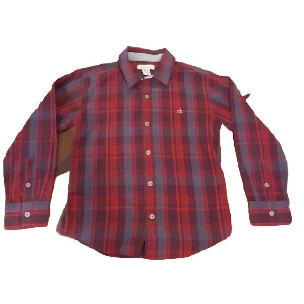 CALVIN KLEIN Jeans Boys Gray Red Maroon Button Shirt Long Sleeve Small‎ 8